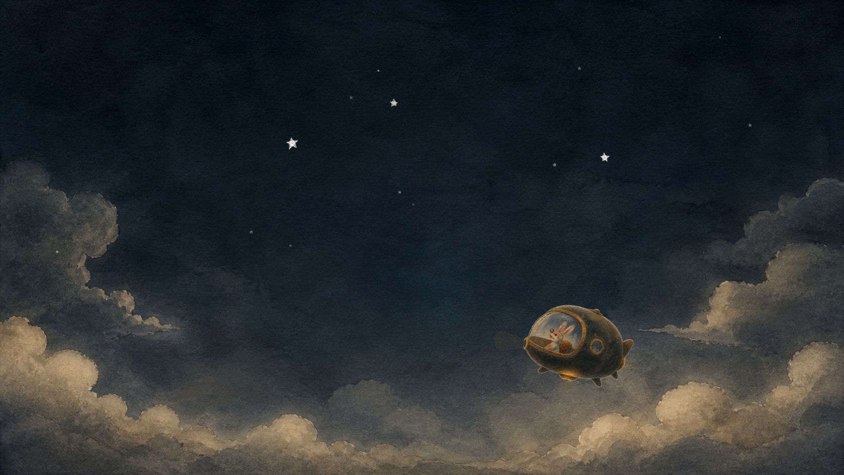 A rabbit pilot crossing a watercolor night sky in a tiny airship